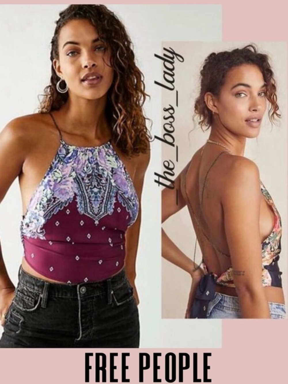 Free People crop top halter cami floral open back chain strappy Small